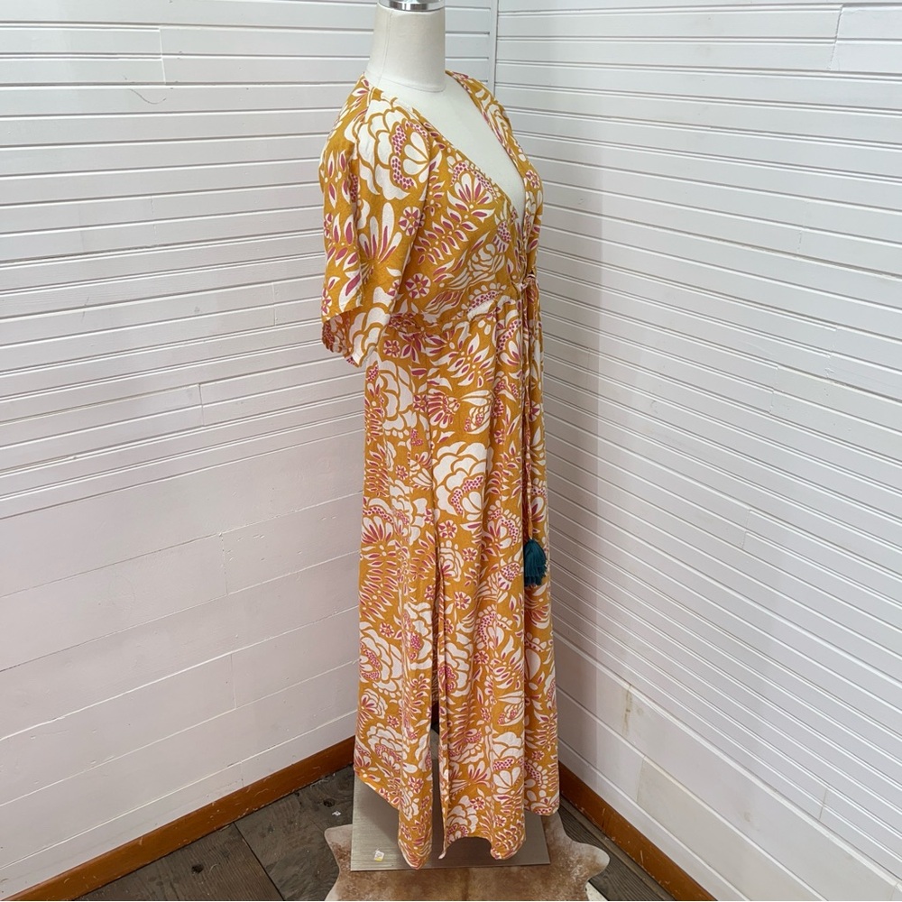 Omika Sohalia Gold Block Print Linen Blend Maxi Dress in Mustard - Picture 2 of 8